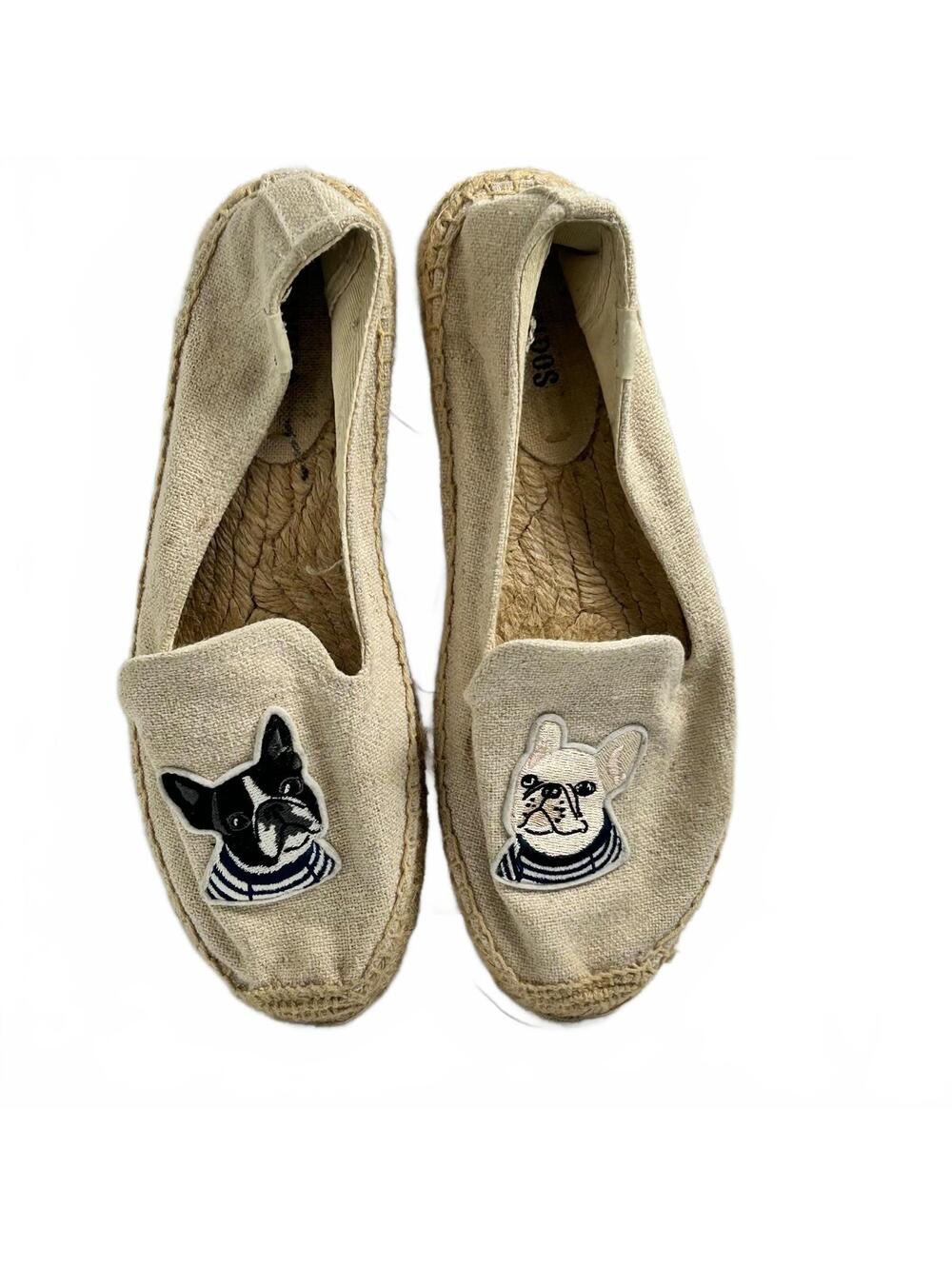 Soludos Beige Canvas Espadrilles with French Bulldog Embroidery Size 7.5